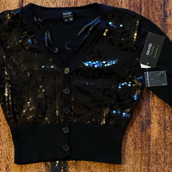 NWT Nicole Miller Black Sequin Button Front Summer Sweater - Picture 3 of 11